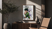 Gon and Killua anime characters poster framed above a fluted sideboard beside an olive tree