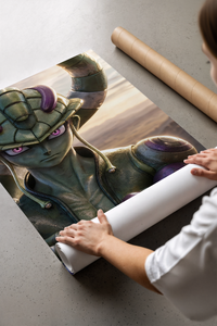 Green alien warrior with horns print laid flat in a styling flatlay