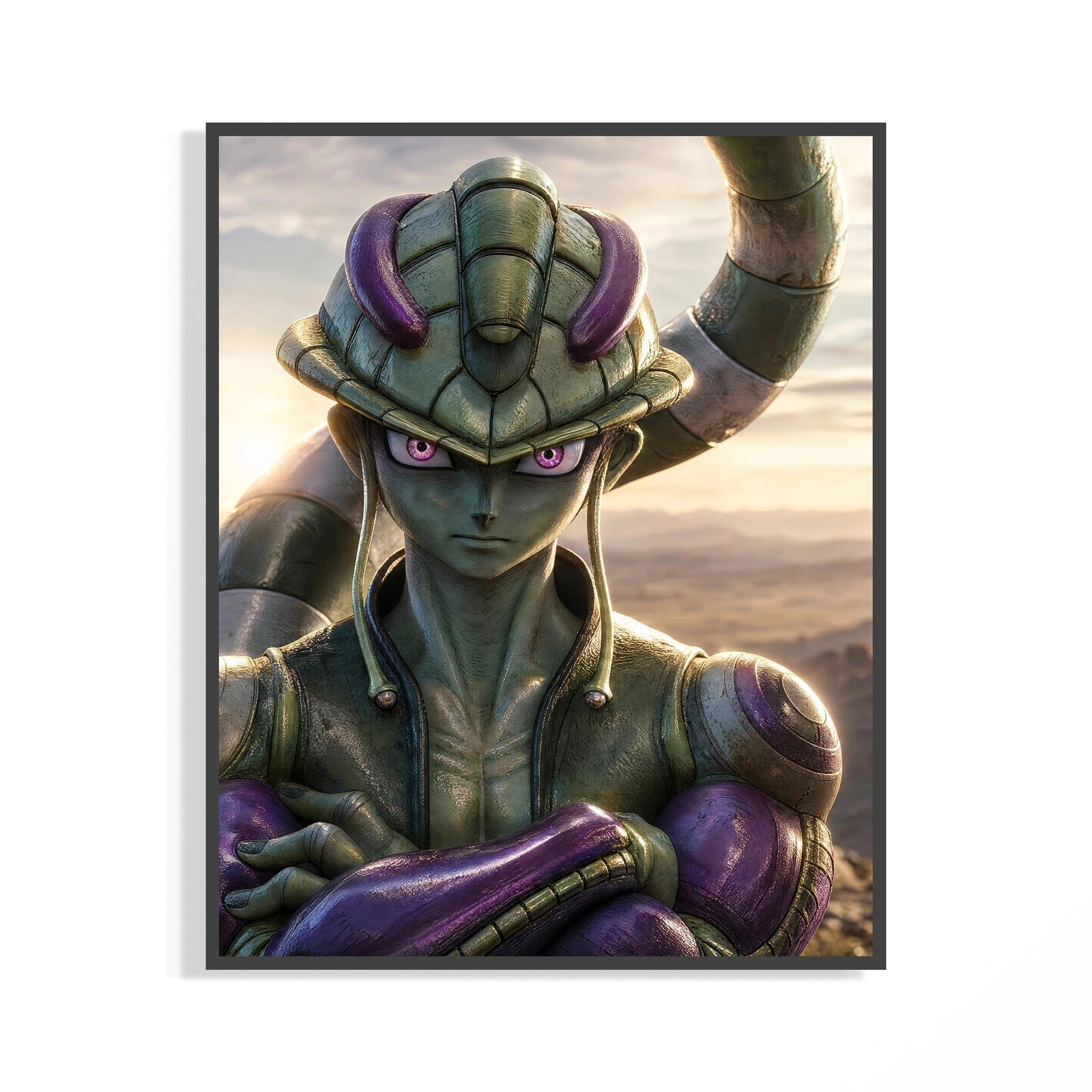 Framed Green alien warrior with horns print displayed as a statement piece