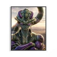 Framed Green alien warrior with horns print displayed as a statement piece