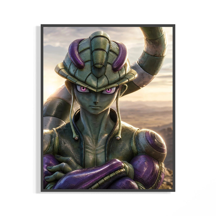 Framed Green alien warrior with horns print displayed as a statement piece