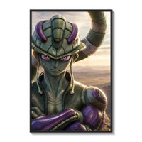 Green alien warrior with horns poster framed on a white gallery wall