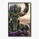 Green alien warrior with horns poster framed on a white gallery wall