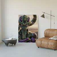 Green alien warrior with horns poster framed in a luxury living-room setting