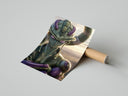 Green alien warrior with horns poster styled above furniture in a modern room