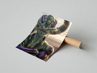 Green alien warrior with horns poster styled above furniture in a modern room
