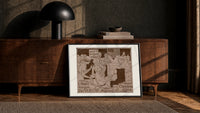 soldiers singing around a piano print in a black frame leaning against a walnut console in lamplight