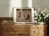soldiers singing around a piano print in an oak frame on a farmhouse dresser beside white tulips
