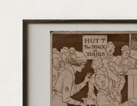 Close-up of the soldiers singing around a piano print's dark wood frame corner and archival matte paper