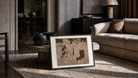 soldiers singing around a piano print in a slim black frame leaning on a travertine coffee table