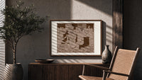 soldiers singing around a piano print in a wood frame above a fluted sideboard beside an olive tree