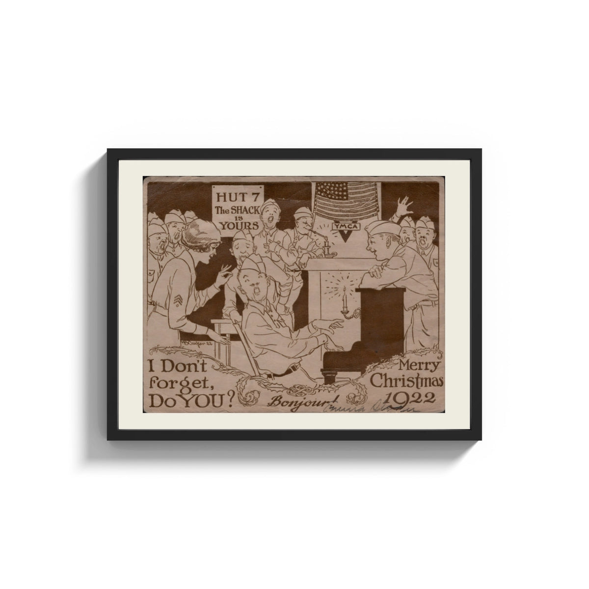 Framed soldiers singing around a piano print shown as a wide statement piece on a clean white wall