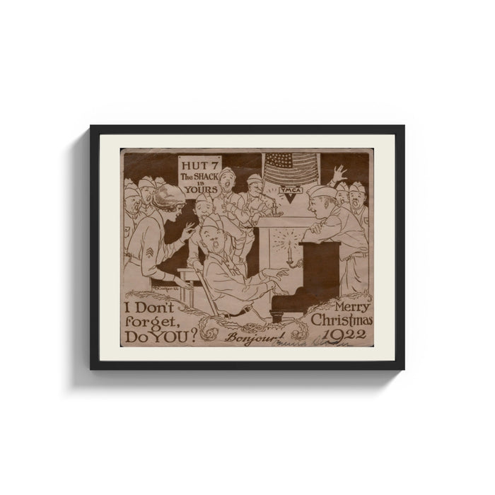 Framed soldiers singing around a piano print shown as a wide statement piece on a clean white wall