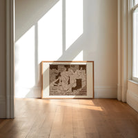 soldiers singing around a piano print in an oak frame on a sunlit wood floor beneath tall window light