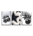 Three-panel Hypebeast 8 Ball set with graffiti tag, inflated stars, and glossy 8 ball in monochrome
