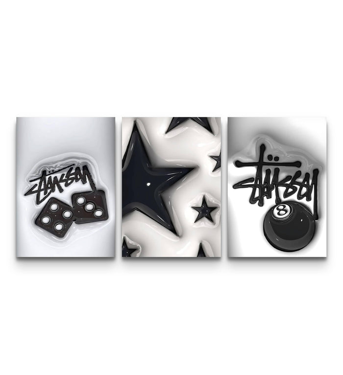 Three panel monochrome set with graffiti tag, inflated black stars, and a glossy 8 ball motif