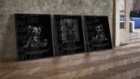 Black KAWS Companion Triptych leaning on parquet beside a vintage loft door