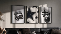 Hypebeast 8 Ball Graffiti Wall Art Set of 3 in black frames on a grey wall above a leather sofa