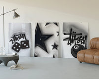Hypebeast 8 Ball Graffiti Wall Art Set of 3 displayed beside a brown leather sofa
