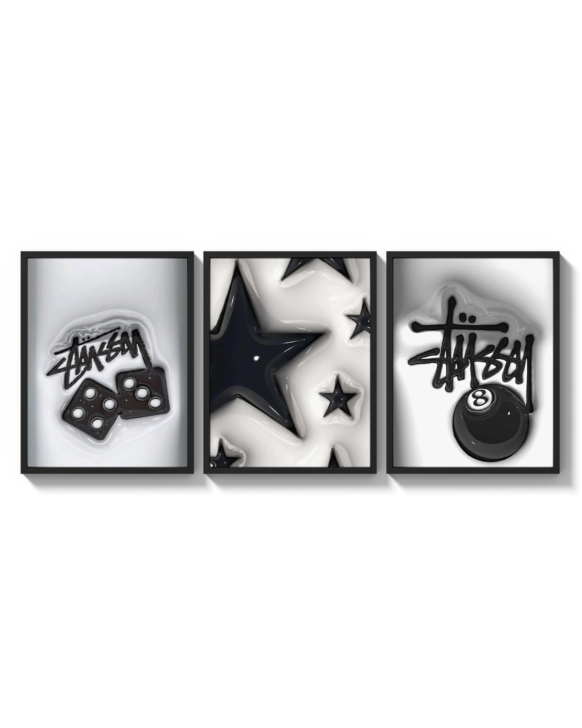 Hypebeast 8 Ball Graffiti Wall Art Set of 3 arranged on a bright gallery wall