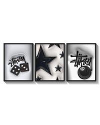 Hypebeast 8 Ball Graffiti Wall Art Set of 3 arranged on a bright gallery wall