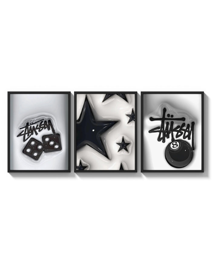 Hypebeast 8 Ball Graffiti Wall Art Set of 3 arranged on a bright gallery wall