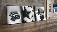 Hypebeast 8 Ball Graffiti Wall Art Set of 3 leaning on parquet beside a vintage loft door