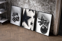 Hypebeast 8 Ball Graffiti Wall Art Set of 3 as black-framed prints leaning against a raw-plaster wall