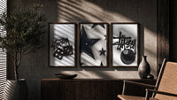 Hypebeast 8 Ball Graffiti Wall Art Set of 3 in walnut frames above a sideboard in a warm room
