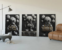 KAWS LV Monochrome Art Print Set of 3 displayed beside a brown leather sofa