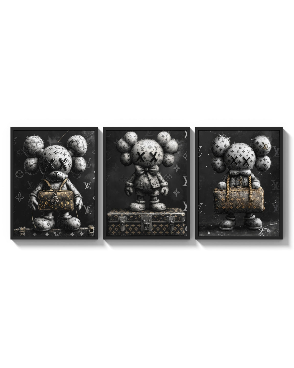 KAWS LV Monochrome Art Print Set of 3 arranged on a bright gallery wall