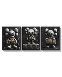 KAWS LV Monochrome Art Print Set of 3 arranged on a bright gallery wall