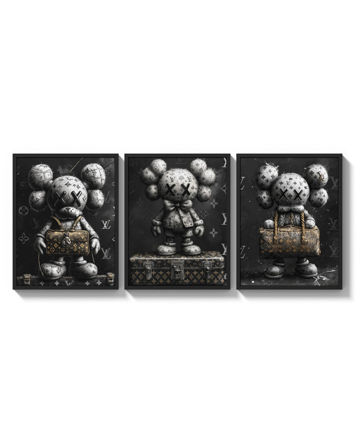 KAWS LV Monochrome Art Print Set of 3 arranged on a bright gallery wall
