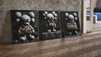 KAWS LV Monochrome Art Print Set of 3 leaning on parquet beside a vintage loft door