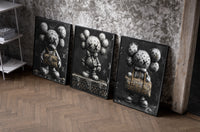 KAWS LV Monochrome Art Print Set of 3 as black-framed prints leaning against a raw-plaster wall