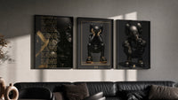 KAWS Noir XX Black Gold Poster Set of 3 in black frames on a grey wall above a leather sofa
