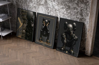 KAWS Noir XX Black Gold Poster Set of 3 as black-framed prints leaning against a raw-plaster wall