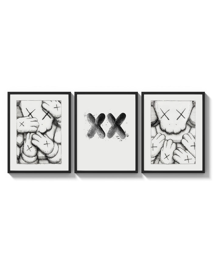 KAWS XX Outline Sketch Wall Art Set of 3 arranged on a bright gallery wall