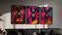KAWS Chromatic Graffiti Art Print Set of 3 in black frames on a grey wall above a leather sofa