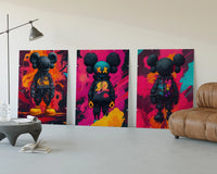 KAWS Chromatic Graffiti Art Print Set of 3 displayed beside a brown leather sofa
