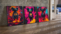 KAWS Chromatic Graffiti Art Print Set of 3 leaning on parquet beside a vintage loft door