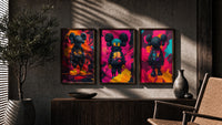 KAWS Chromatic Graffiti Art Print Set of 3 in walnut frames above a sideboard in a warm room