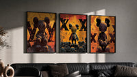 KAWS LV Inferno Poster Set of 3 in black frames on a grey wall above a leather sofa