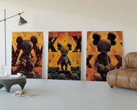 KAWS LV Inferno Poster Set of 3 displayed beside a brown leather sofa
