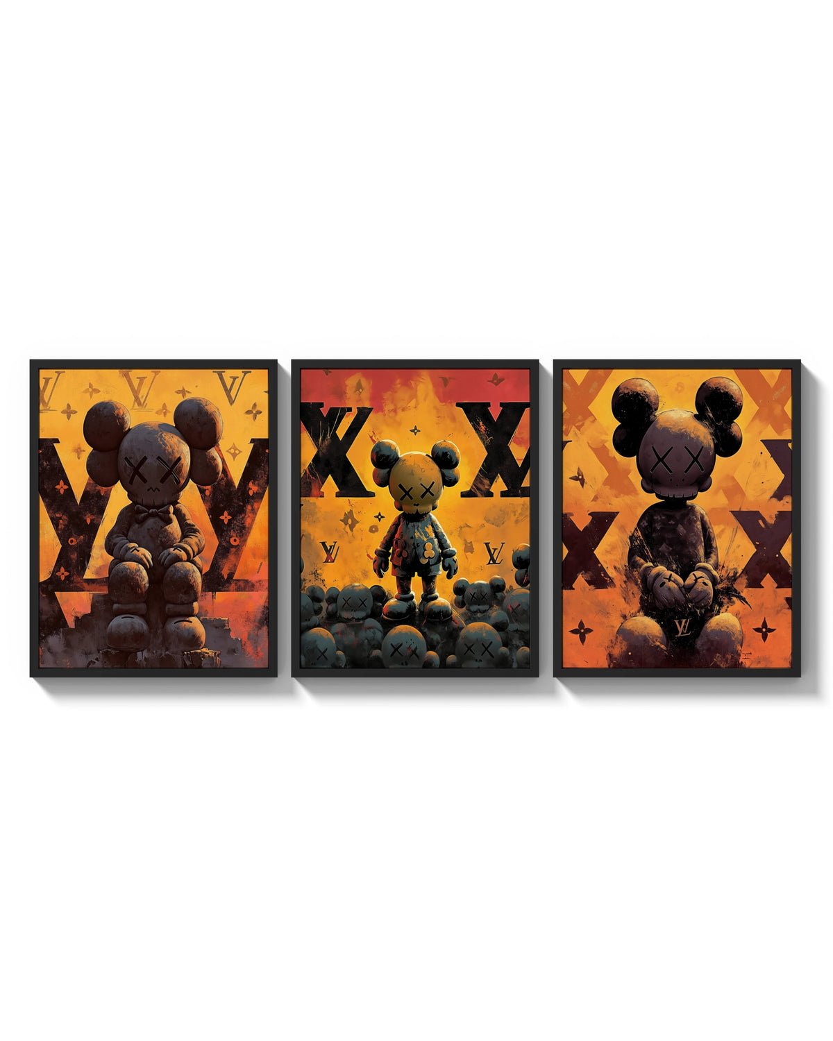 KAWS LV Inferno Poster Set of 3 arranged on a bright gallery wall