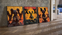 KAWS LV Inferno Poster Set of 3 leaning on parquet beside a vintage loft door
