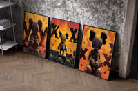 KAWS LV Inferno Poster Set of 3 as black-framed prints leaning against a raw-plaster wall