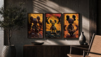 KAWS LV Inferno Poster Set of 3 in walnut frames above a sideboard in a warm room