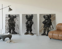 KAWS Nike Street Wall Art Set of 3 displayed beside a brown leather sofa