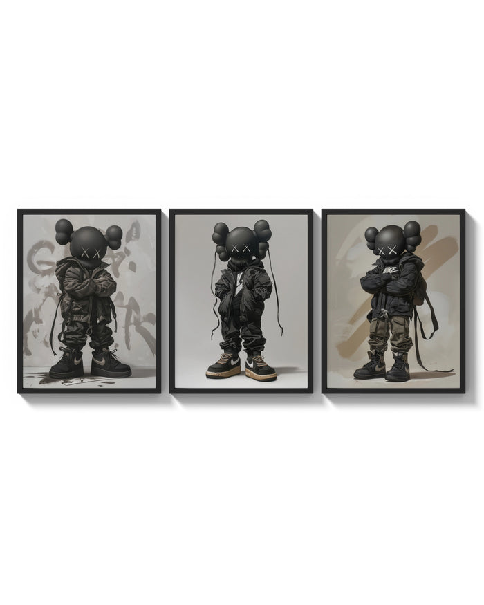 KAWS Nike Street Wall Art Set of 3 arranged on a bright gallery wall